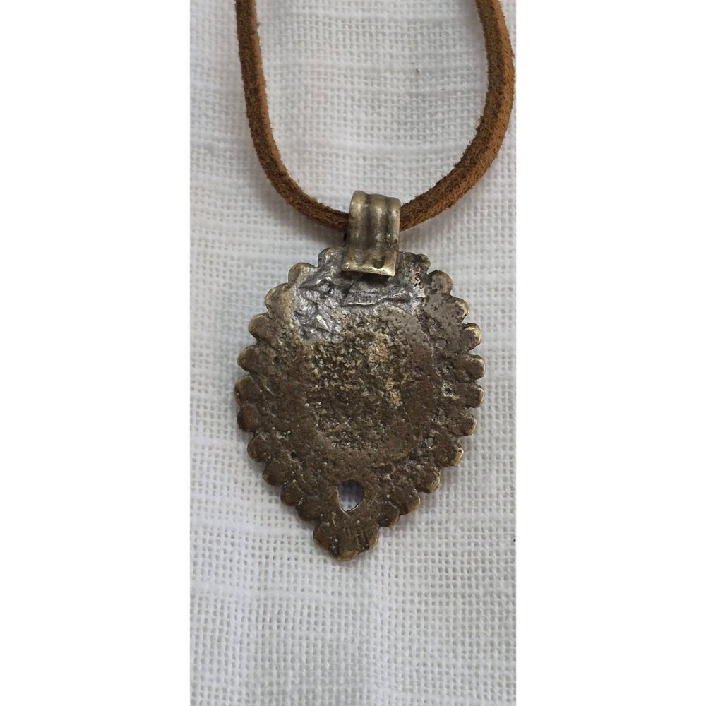 Antique Tribal-Style Blue Stone Pendant On Brown Leather Cord Necklace - Picture 7 of 14
